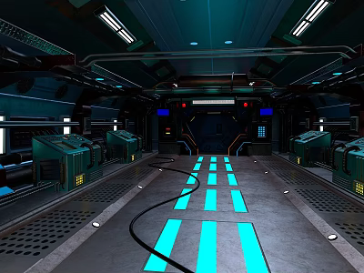 Futuristic High Tech Interior With Blue Lighting Glowing Floor Lines And Control Panels 3d model
