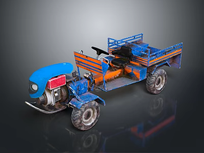 Blue And Orange Tractor With Open Trailer And Seats On Black Background 3d model