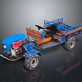 Blue And Orange Tractor With Open Trailer And Seats On Black Background