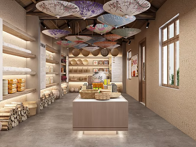Traditional Cultural Center Interior With Hanging Decorative Umbrellas And Handicrafts On Shelves 3d model