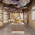 Traditional Cultural Center Interior With Hanging Decorative Umbrellas And Handicrafts On Shelves