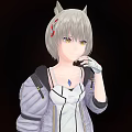 Cat Ear Female Character With Purple Jacket White Dress Red Ribbon Stockings Front Back Views