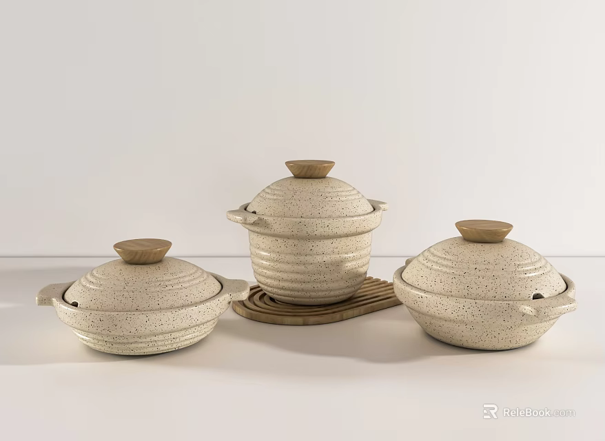 Set of Three Ceramic Casserole Pots With Wooden Lids And Speckled Texture Design 3d model 