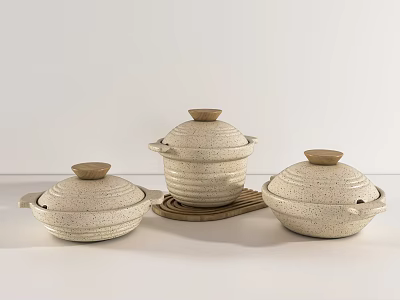 Set of Three Ceramic Casserole Pots With Wooden Lids And Speckled Texture Design 3d model
