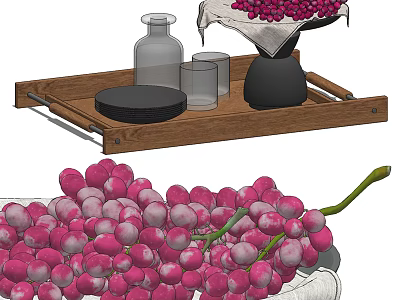 Fresh Pink Grapes Arranged on Wooden Tray with Glass Containers and Bowl 3d model