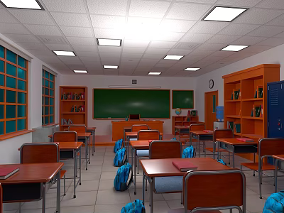 Classroom Interior Featuring Desks Chairs Green Blackboard Bookshelves Blue Backpacks Windows And Ceiling Lights 3d model