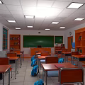 Classroom Interior Featuring Desks Chairs Green Blackboard Bookshelves Blue Backpacks Windows And Ceiling Lights