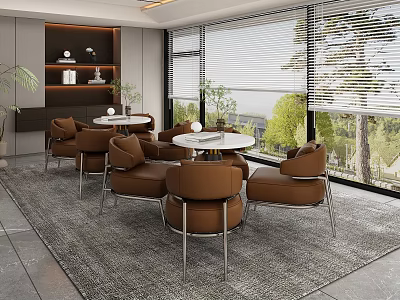 Brown Casual Sofa Set in Modern Interior with Round Tables Large Windows and Green View 3d model