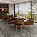 Brown Casual Sofa Set in Modern Interior with Round Tables Large Windows and Green View