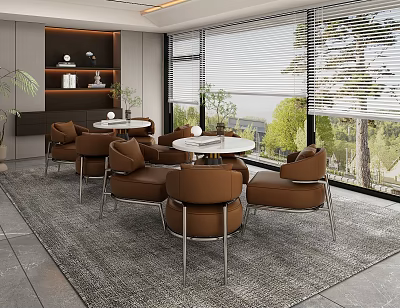Brown Casual Sofa Set in Modern Interior with Round Tables Large Windows and Green View 3d model