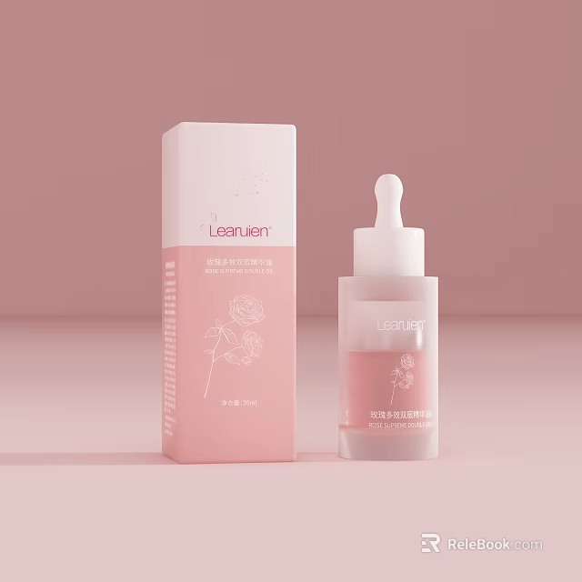 Leisureen Pink Beauty Serum Bottle With Dropper And Packaging For Skincare 3d model 