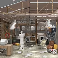 Industrial Workshop Interior With Exposed Wooden Beams Tools Furniture And Clutter
