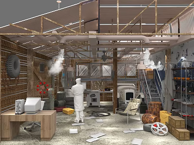 Industrial Workshop Interior With Exposed Wooden Beams Tools Furniture And Clutter 3d model