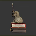 Lamb Sculpture Adorned with Cross Flag on Red Cushion and Stacked Books with Golden Medallions