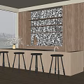 Stylish Bar Counter With Black Stools Black White Patterned Backsplash Wooden Cabinets Decorative Shelves