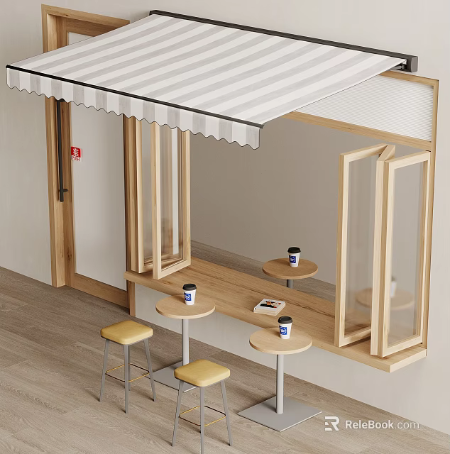 Cafe Window Seating Area With Wooden Structure Striped Awning And Coffee Cups 3d model 