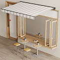Cafe Window Seating Area With Wooden Structure Striped Awning And Coffee Cups