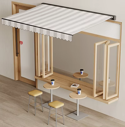 Cafe Window Seating Area With Wooden Structure Striped Awning And Coffee Cups 3d model