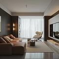 Elegant Modern Restaurant Interior With Brown Dining Chairs Beige Carpet White Curtains And Decorative Painting