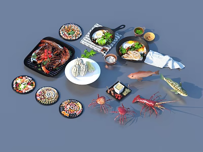 Fresh Assorted Seafood Dishes Featuring Grilled Lobster Crab Steamed Fish Plates 3d model