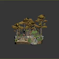 Cartoon Scenic Diorama with Small Cabin Autumn Trees Rocks and Green Plants