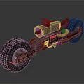 Custom Motorcycle With Large Tires Red Black Body And Mechanical Details