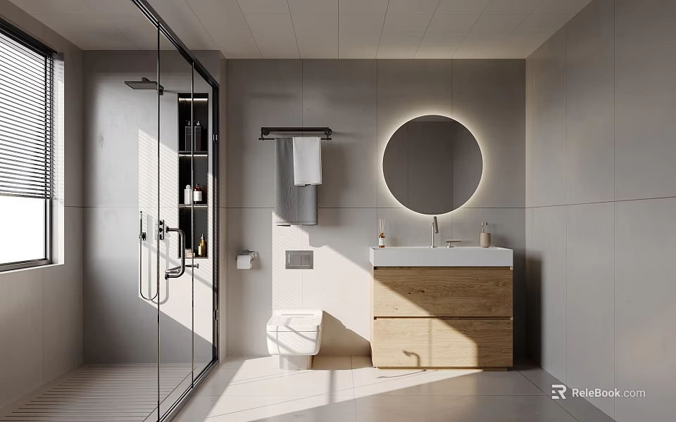 Modern Bathroom Interior With Glass Shower Toilet Wooden Vanity And Round Mirror 3d model 