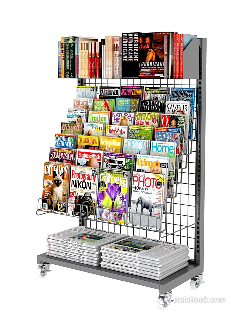 Organized Retail Display Shelving Showcasing Assorted Magazines And Stacked Newspapers 3d model 