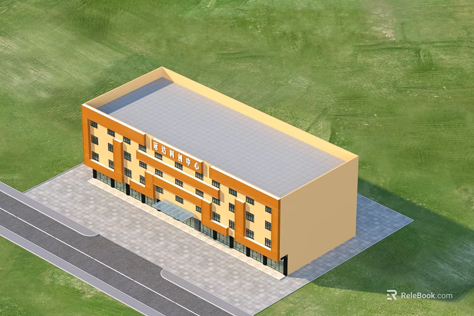 Modern Orange Beige Office Building Exterior With Gray Roof And Green Lawn 3d model 
