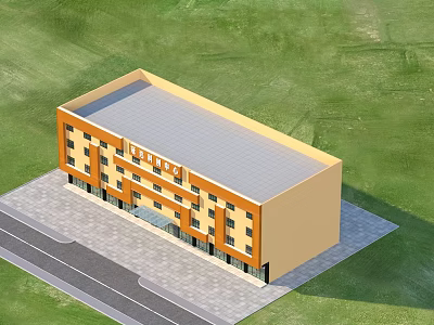 Modern Orange Beige Office Building Exterior With Gray Roof And Green Lawn 3d model