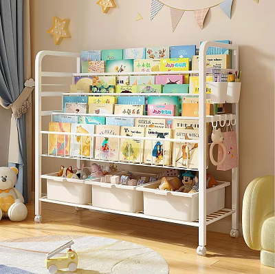 White Bookshelf with Colorful Children's Books Toys and Storage Bins in Kids Room 3d model
