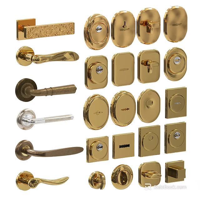 Various Styles of Metal Door Handles with Vintage and Modern Designs Including Keyholes 3d model 