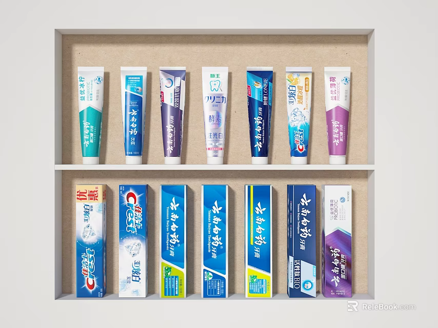 Colorful Toothpaste Display Set With Tubes And Boxes Arranged On Shelf 3d model 