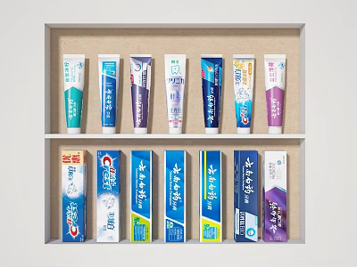 Colorful Toothpaste Display Set With Tubes And Boxes Arranged On Shelf 3d model