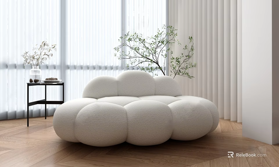 Modern Living Room Interior With Plush White Irregular Sofa Cloud Like Shape And Wooden Floor 3d model 
