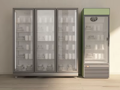 Glass Door Display Cabinets With Green Single Unit And Plates Cups On Multiple Shelves 3d model