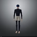 3D Character With Blue Hair Dark Blue Tight Top Light Shorts Black Leggings And Barefoot