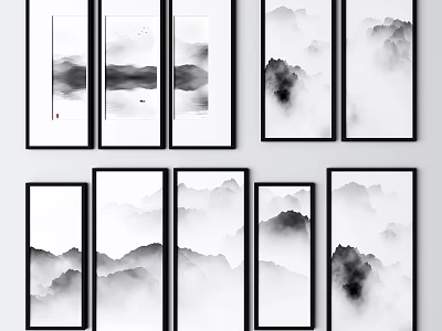 Ink Wash Landscape Paintings Framed Wall Art With Mountain Clouds Mist And Boats 3d model