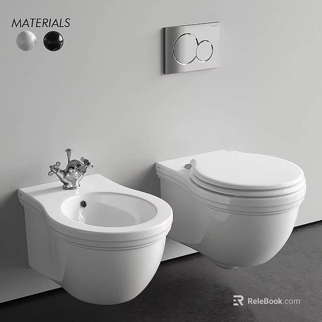 Two White Wall Mounted Toilets With Faucet And Control Panel On Wall 3d model 
