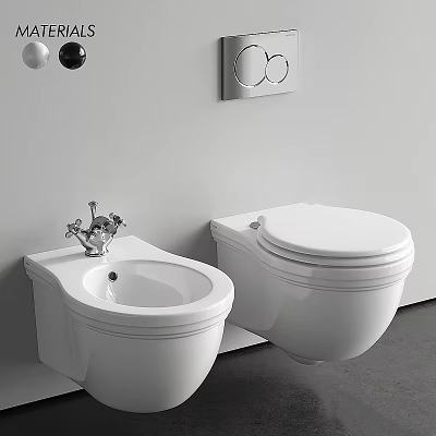 Two White Wall Mounted Toilets With Faucet And Control Panel On Wall 3d model