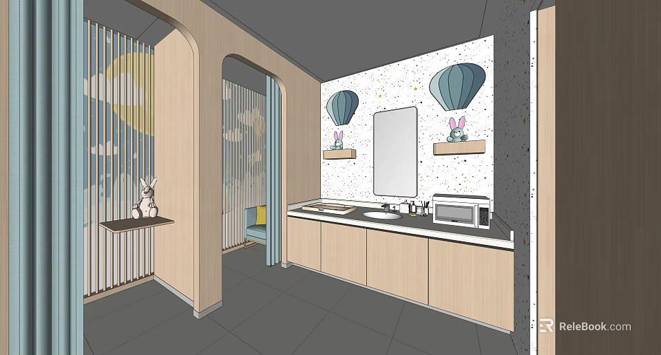 Modern Public Restroom With Arched Doorways Hot Air Balloon Bunny Decorations And Wooden Cabinets 3d model 