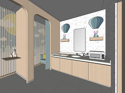 Modern Public Restroom With Arched Doorways Hot Air Balloon Bunny Decorations And Wooden Cabinets 3d model