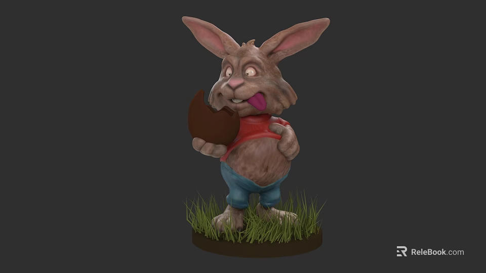 3D Rabbit Figurine With Big Ears Red Shirt Blue Pants Holding Brown Egg On Grass 3d model 