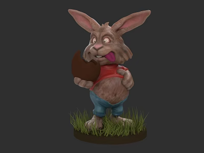 3D Rabbit Figurine With Big Ears Red Shirt Blue Pants Holding Brown Egg On Grass 3d model