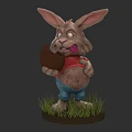 3D Rabbit Figurine With Big Ears Red Shirt Blue Pants Holding Brown Egg On Grass