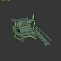 Blue Lifeguard Tower Structure With American Flag Wooden Staircase And Sign