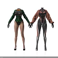 Stylish Female Mannequins Wearing Green And Brown Fitted Outfits With High Heels