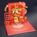Festive Chinese New Year Photo Check In Spot With Gift Box Red Envelopes Golden Decorations