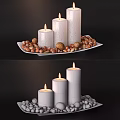 Decorative Candle Lamps with Lit White Candles on Tray and Nuts Against Dark Background