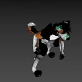 3D Animal Character With Black White Brown Fur Green Ears Yellow Eyes Open Mouth Squatting